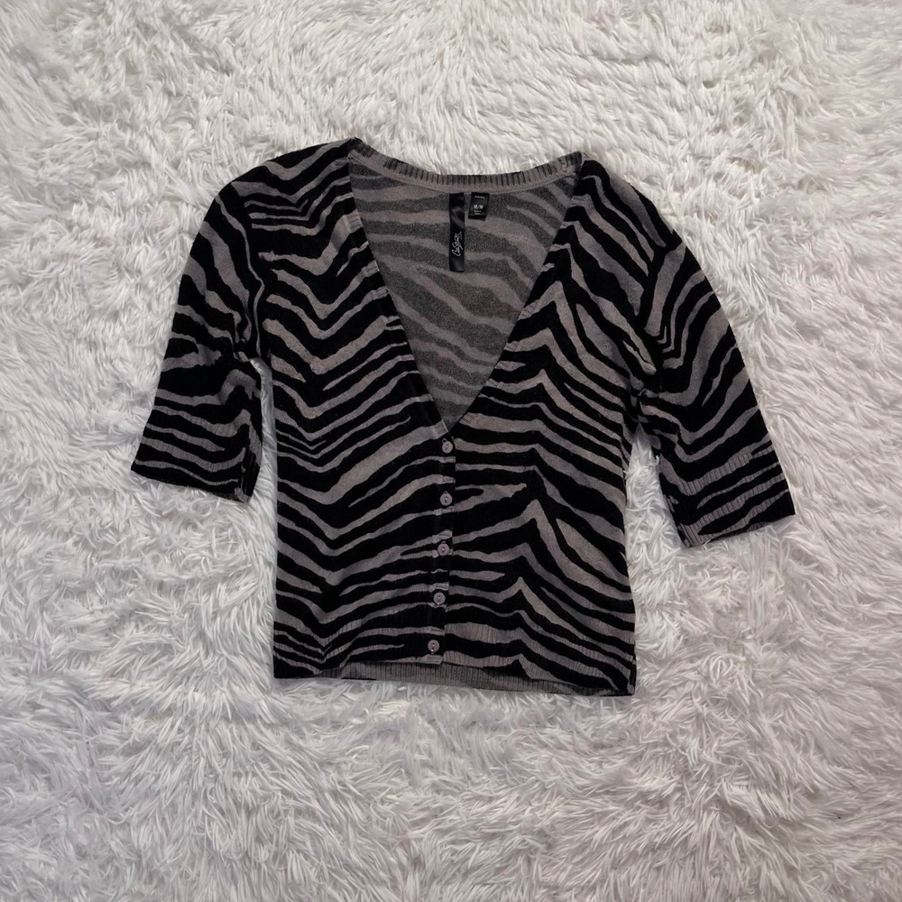 y2k zebra print cardigan sweater button up 3/4 sleeve top medium